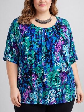 😍SHOW SPECIAL TANJAY Blue Green Multi Color Stretch blouse 1X